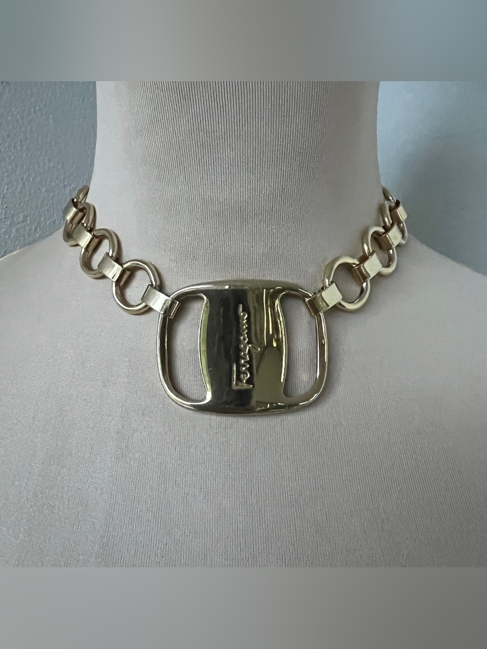Custom Vintage Ferragamo Necklace Vara Statement Choker in Gold 15”